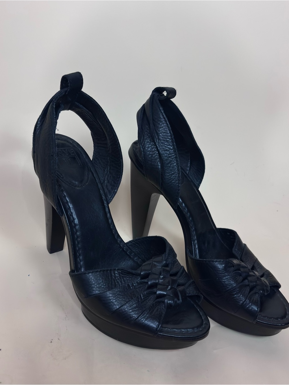 Frye Black Leather High Heel Peep-Toe Platform Heels 8